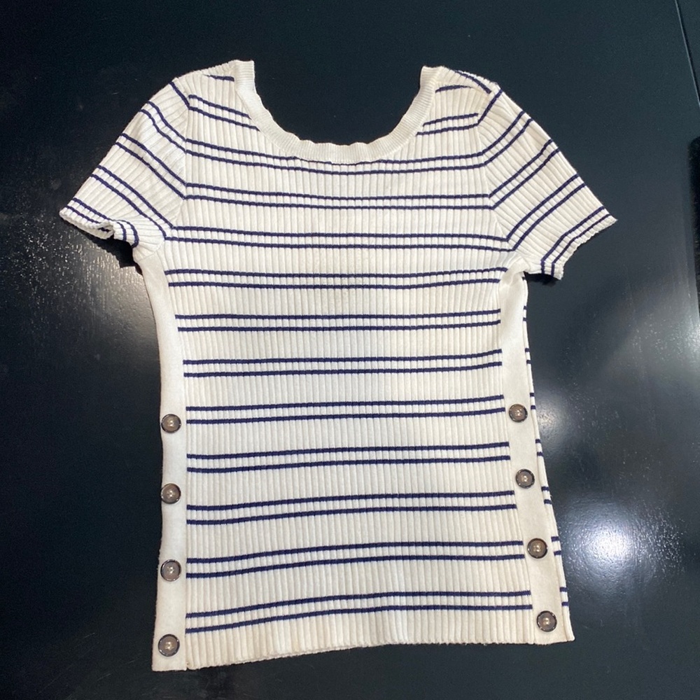 Navy blue and white striped scoop neck sweater size medium